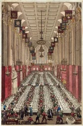 Darstellung des Inneren der Guildhall anlässlich des Besuchs des Königs und der Königin beim Einweihungsdinner von Ald. Key zur Bürgermeisterschaft von London, 9. November 1830